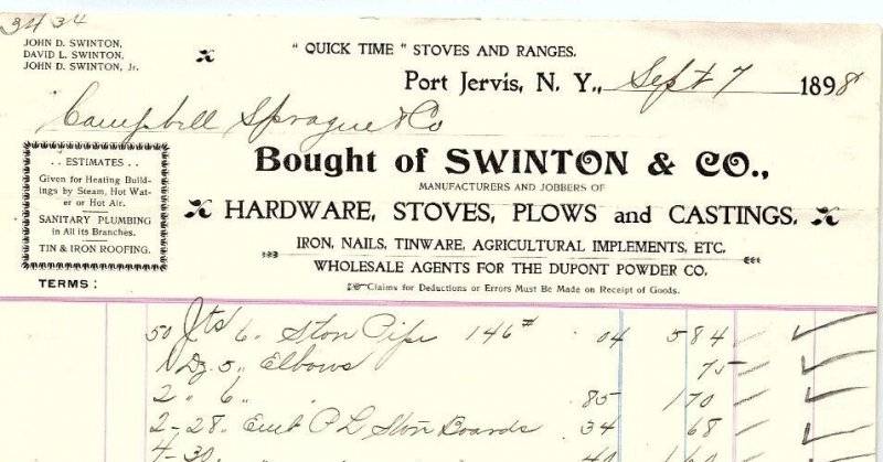 1898 PORT JERVIS NY SWINTON & CO HARDWARE STOVES BILLHEAD INVOICE Z4199