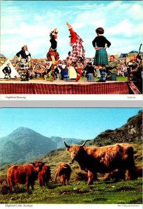 2~4X6 Postcards Scotland SCOTTISH HIGHLAND DANCING~Children Performing & CATTLE