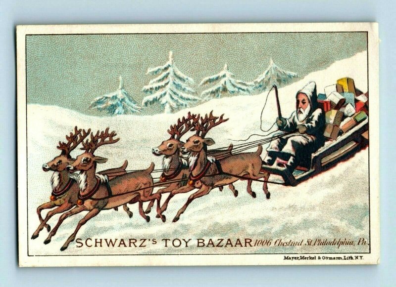 1870's-80's F.A.O Schwarz's Toy Bazaar Santa Claus Brown Coat Reindeer P157