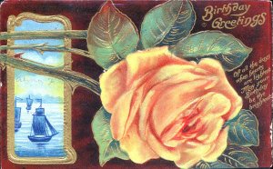 Birthday~GORGEOUS YELLOW ROSE~SAILBOATS~GOLD EMBOSS Antique GEL Postcard~Germany