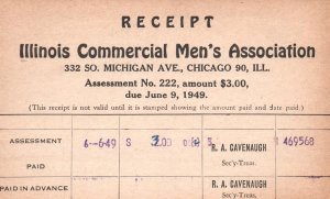 Vintage Postcard Receipt Illinois Commercial Men's Association June 9, 1949 ILL