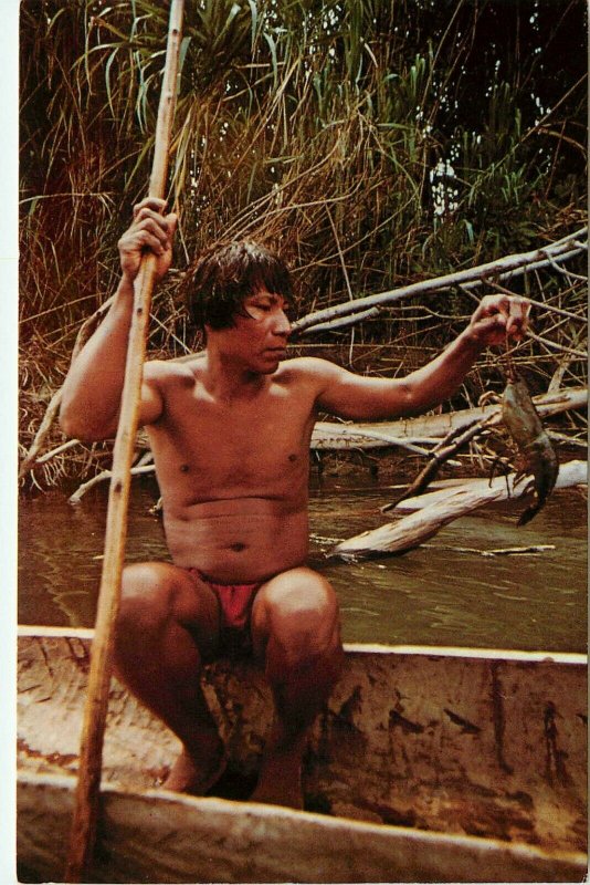 Vintage Postcard; Choco Indian w/ Freshwater Shrimp Catch, Fishing, Panama