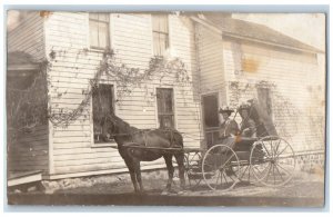 1908 Girls Riding Horse And Buggy Utica New York NY RPPC Photo Antique Postcard