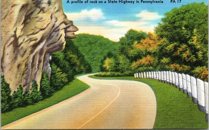 Profile Rock State Highway Pennsylvania PA Country Rd Linen Postcard VTG UNP  