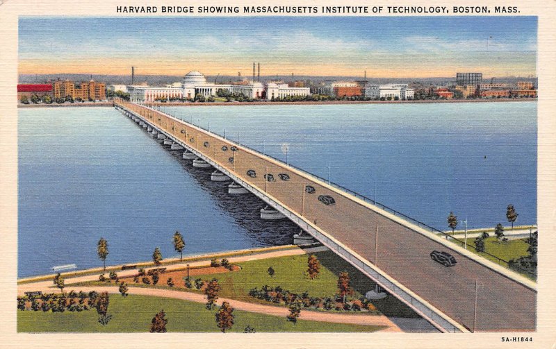 Harvard Bridge Showing M.I.T., Boston, Mass., Early Linen Postcard, Unused