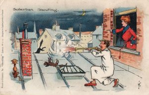 Suburban Shooting Scaring Rooftop Cats Old Comic Postcard