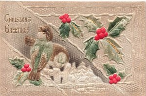 Christmas Greetings-Bird Holly-Heavily Embossed Air Brushed Postcard
