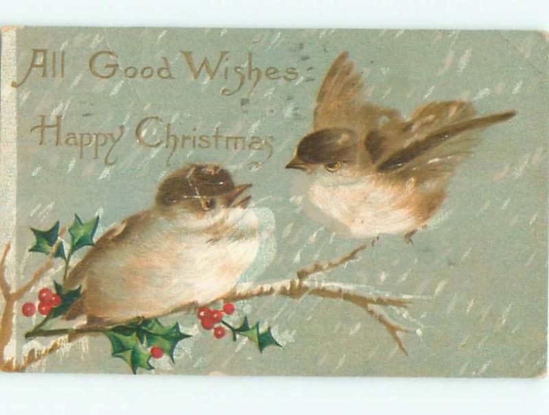 Pre-Linen Christmas BEAUTIFUL LARGE BIRDS ON WINTER BRANCH AB5096