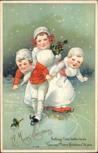 Christmas Children Little Girls and Boy Ice Skating c1910 Vintage Postcard