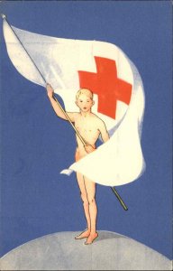 Swedish Red Cross Nude Boy Waving Flag Art Deco c1920s Postcard