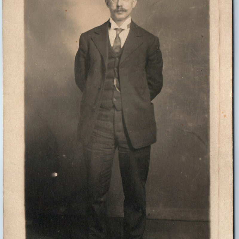 c1910s Short Man w/ Glasses Hat Portrait RPPC Real Photo Handlebar Mustache A213