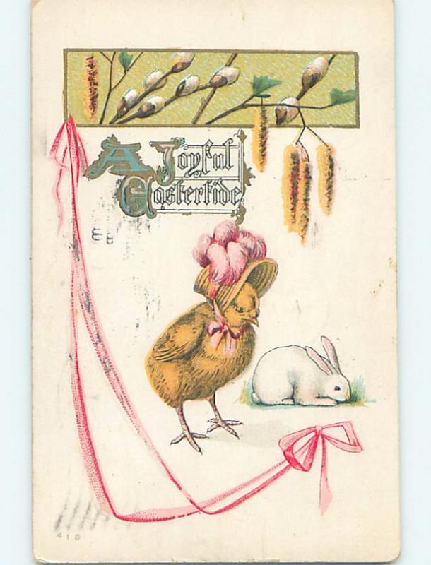 Pre-Linen easter BUNNY RABBIT BESIDE HUMANIZED CHICK WEARING HAT HL0603