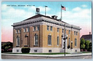 1942 Post Office Building Tower US Flag Side View Escanaba Michigan MI Postcard