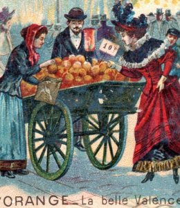 1880s-90s French Street Scene Orange Vendor F159