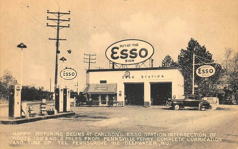 Deepwater NJ Esso Gas Station Old Car "Happy Motoring" Postcard