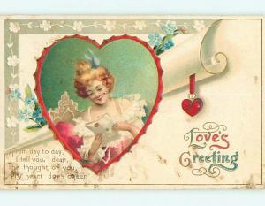 Unused Divided-Back valentine PRETTY GIRL READING A LETTER r3964