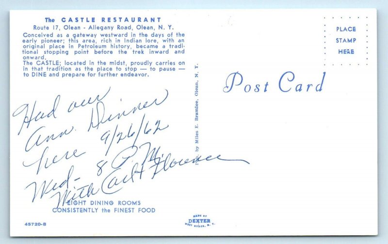 OLEAN, NY New York ~ The CASTLE RESTAURANT 1962 Roadside  Postcard