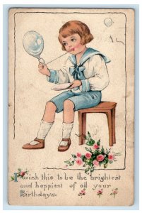 c1910's Birthday Greetings Little Boy Child Blowing Bubbles Antique Postcard