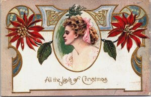 All The Joys of Christmas Art Nouveau Lady Vintage Postcard C075