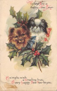 Happy New Year 1919 Postcard Dog Puppies Holly West Chester Ohio Cancel