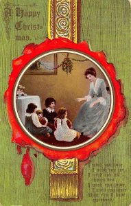 HAPPY CHRISTMAS 1910 Embossed Postcard Mother & Children in Seal