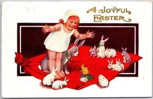 1917 A Joyful Easter Little Girl Bunnies And Chicks Greetings Posted Postcard