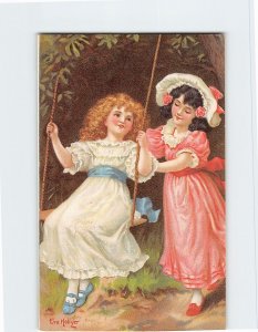 Postcard Two Girls Playing with a Swing