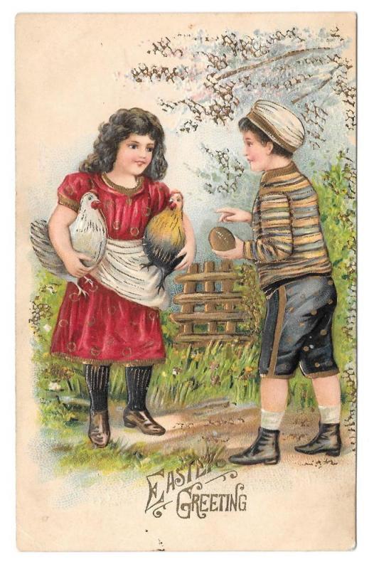 Easter Greetings Boy Girl Chickens Hens Embossed Postcard