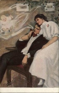 Romance Couple Dreaming of Baby Wedding Marriage c1910 Vintage Postcard