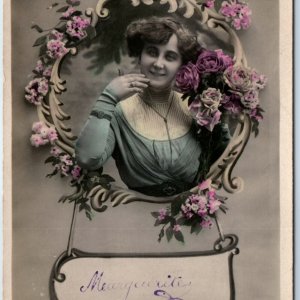 c1900s Smile Young Lady Floral RPPC Cute Hand Colored Atlas Real Photo PC A136