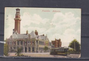 VICTORIA,  MELBOURNE FIRE STATION, TRAM, 1907 ppc., Frankston duplex to Fitzroy