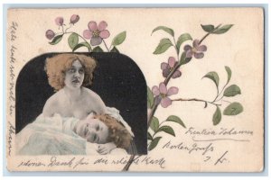 1991 Girls Studio Portrait Flowers Art Nouveau Handcolored Antique Postcard 