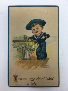c. 1915 You're My Chief Aim in Life Postcard Cute Boy in Sailor Outfit on Boat