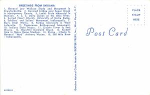 Indiana~Map Postcard~Covered Bridge~SS Delta Queen~Notre Dame~Purdue~Tippecanoe