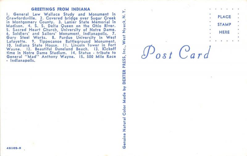 Indiana~Map Postcard~Covered Bridge~SS Delta Queen~Notre Dame~Purdue~Tippecanoe