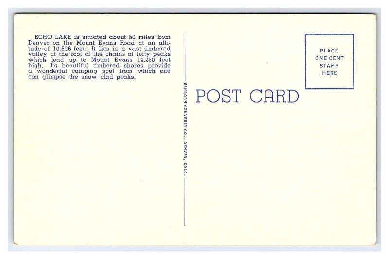 Echo Lake Looking Toward Mt. Evans Denver Mountain Parks Colorado Postcard