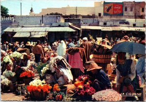 VINTAGE CONTINENTAL SIZE POSTCARD THE FLOWER MARKET AT TANGER MOROCCO 1955