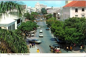 Vintage Bay Street Nassau Bahamas Postcard 1970s w Old Cars Horse & Carriage