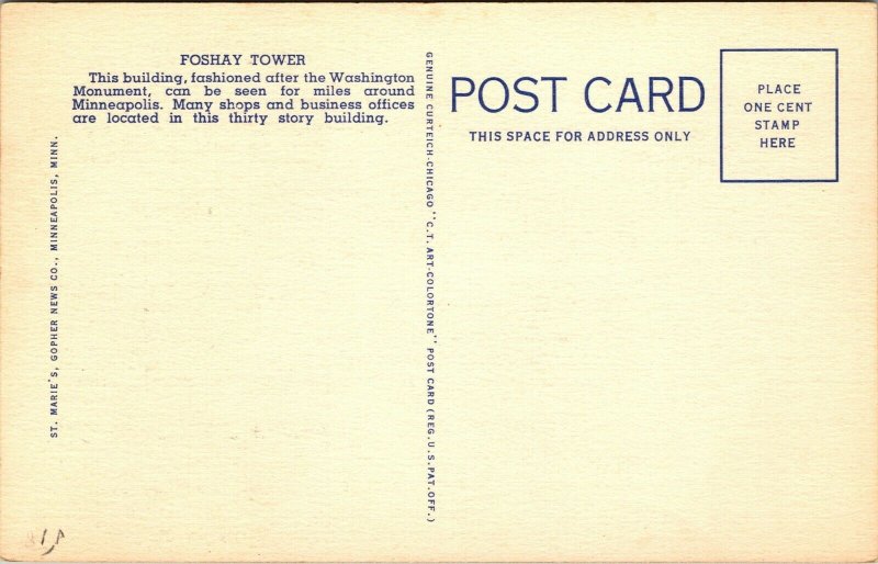 Vtg 1930's Foshay Tower Minneapolis Minnesota MN Linen Postcard