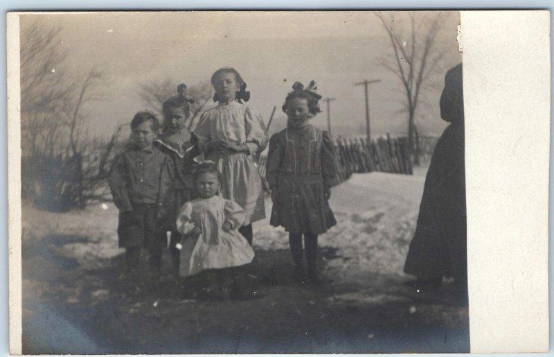 c1910s Cute Group Children Outdoors RPPC Winter Snow Girls Kids Real Photo A261