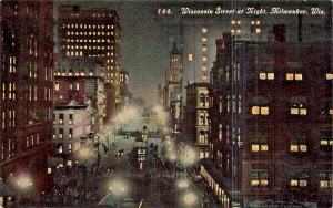 MILWAUKEE~WISCONSIN STREET AT NIGHT-OFFICE BUILDINGS-STREET CARS ~1912 POSTCARD