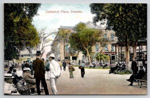 Panama Cathedral Plaza Busy Street Scene Postcard B46
