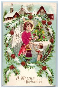 c1910's Christmas Tree Angel Children Pine Cone Snow Silk House Winter Postcard