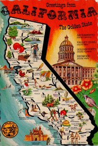 California Greetings With Map Of The Golden State 1980