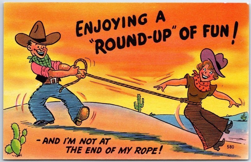 VINTAGE POSTCARD ENJOYING A 'ROUND-UP' OF FUN! 1940s COMIC HUMOR BY ASHEVILLE