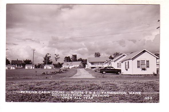 Real Photo, Perkins Cabin Court, Housekeeping and Bathing, 50's Cars Farmingt...