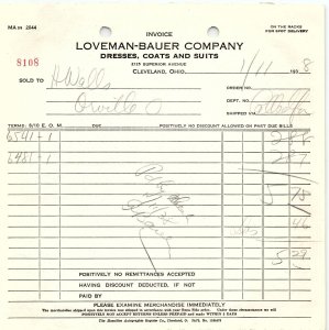 1938 LOVEMAN-BAUER CO. CLEVELAND OH DRESSES COATS SUITS BILLHEAD INVOICE Z1069