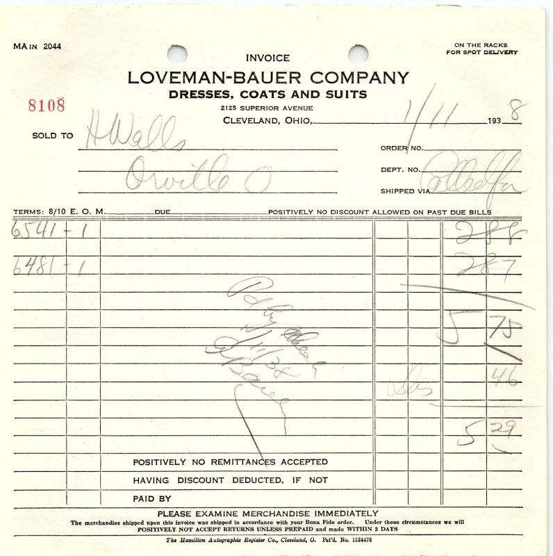 1938 LOVEMAN-BAUER CO. CLEVELAND OH DRESSES COATS SUITS BILLHEAD INVOICE Z1069