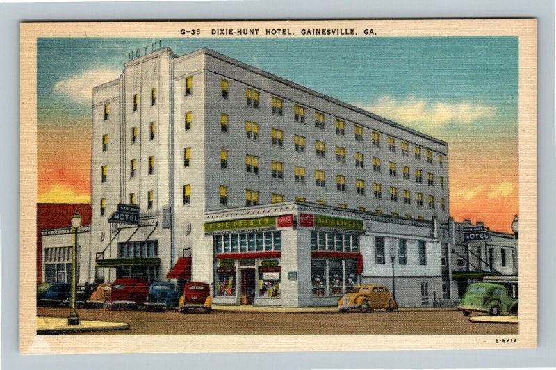 Gainesville GA, Dixie Hunt Hotel, Drug Store, Coca-Cola, Linen Georgia Postcard