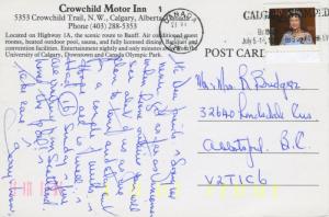 Crowchild Motor Inn Calgary AB Alta Alberta Hotel c1991 Postcard D11